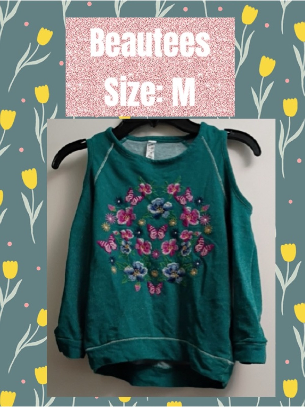 Beautees Teal Cold-Shoulder Sweater with Floral & Butterfly Embroidery